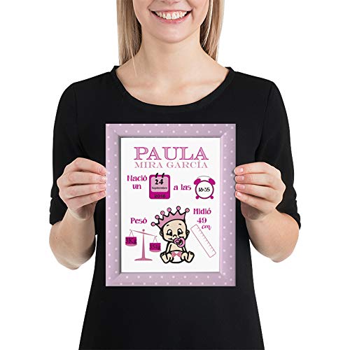 Kembilove Lámina Natalicia Personalizada – Lienzos Decorativos Personalizados Nacimiento Bebe – Incluye Lámina y Marco – El Regalo Perfecto para un Recién Nacido, Niño o Niña bebé rosa