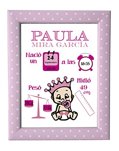 Kembilove Lámina Natalicia Personalizada – Lienzos Decorativos Personalizados Nacimiento Bebe – Incluye Lámina y Marco – El Regalo Perfecto para un Recién Nacido, Niño o Niña bebé rosa