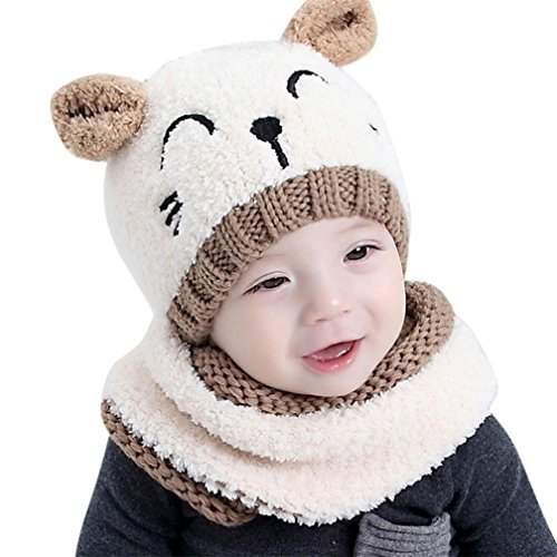 Kfnire bebé Sombrero y Bufandas, otoño Invierno niños niñas Lana Punto Gorras y Bufanda Conjunto (Beige)