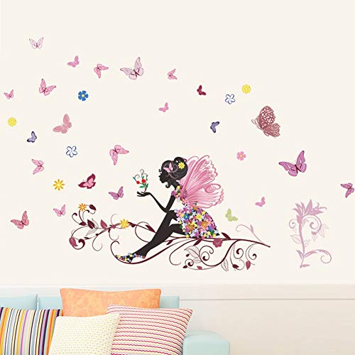 Kibi Flores Hada Mariposas Pared Adhesivos Pegatinas Decorativas Pared Mariposas Adhesivo para las Niñas Habitación de Niño Wall Stickers Salón Dormitorio