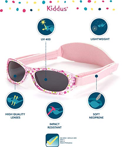 Kiddus Gafas de sol Baby para bebés, NIÑOS Y NIÑAS, desde 0 meses a 2 años, 100% protección UV, MUY CÓMODAS gracias a la SUAVE banda ajustable, el regalo ideal para recién nacidos.