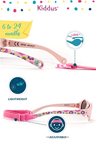 Kiddus Gafas de sol POLARIZADAS bebe para niños y niñas a partir de 6 meses. SUPER FLEXIBLES. Protección solar UV400. Seguras, confortables, muy resistentes. Con ESTUCHE protector. Baby Comfort (08 Rosa con flores)