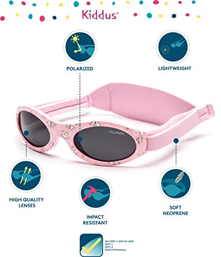 Kiddus Gafas de sol PREMIUM POLARIZADAS para bebé, niño y niña. 0 meses a 2 años. UV400 100% protección rayos UVA y UVB. Suave puente de SILICONA para la nariz. Banda ajustable de NEOPRENO