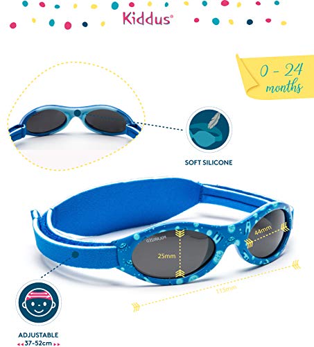 Kiddus Gafas de sol PREMIUM POLARIZADAS para bebé, niño y niña. 0 meses a 2 años. UV400 100% protección rayos UVA y UVB. Suave puente de SILICONA para la nariz. Banda ajustable de NEOPRENO