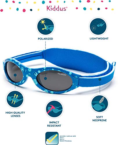 Kiddus Gafas de sol PREMIUM POLARIZADAS para bebé, niño y niña. 0 meses a 2 años. UV400 100% protección rayos UVA y UVB. Suave puente de SILICONA para la nariz. Banda ajustable de NEOPRENO