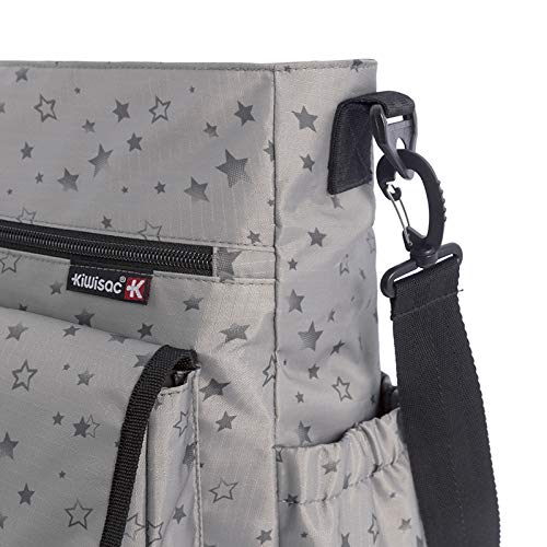 Kiwisac City Silver Stars Bolso para Carro de Bebé Universal con Diseño Original de Estrellas en color Gris Bolso Organizador, Bandolera Ajustable y Cintas de Sujeción 36x12x34 cm