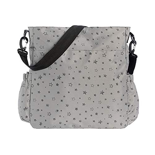 Kiwisac City Silver Stars Bolso para Carro de Bebé Universal con Diseño Original de Estrellas en color Gris Bolso Organizador, Bandolera Ajustable y Cintas de Sujeción 36x12x34 cm