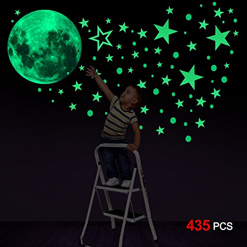 Konsait Luminoso Pegatinas de Pared, 435pcs Puntos Luna y Estrellas Adhesivos Decorativo de Pared Fluorescentes Decoración de la habitación para Chico Niña Bebé, Casa Interior Mural