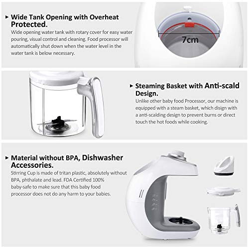 KYG Robot de Cocina al Vapor Procesador de Alimentos para Bebés 5 en 1 Máquina para Hacer Puré Smoothie Sopa y Zumo para Bebés, 430w, Color Blanco y Gris