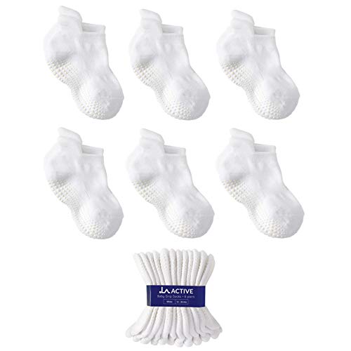 LA Active Tobillera Calcetines Antideslizantes - 6 Pares - para Bebé Niños Niñas Infantil Recién Nacido (Blanco, 12-36 Meses)