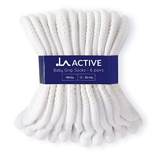 LA Active Tobillera Calcetines Antideslizantes - 6 Pares - para Bebé Niños Niñas Infantil Recién Nacido (Blanco, 12-36 Meses)