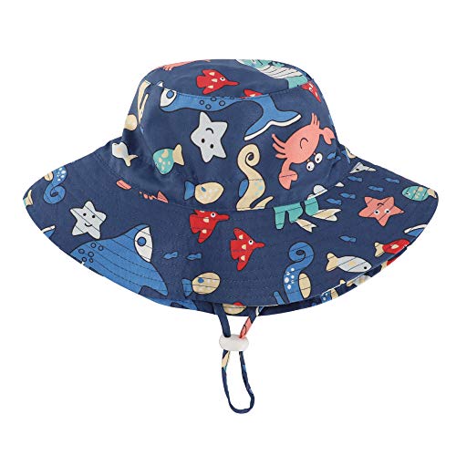 LACOFIA Sombrero de Sol bebé Gorro Verano para niños Sombrero Playa de ala Ancha UPF 50+ Proteccion solarpara niños con Correa Ajustable para la Barbilla Azul Marino 4-6 Anni