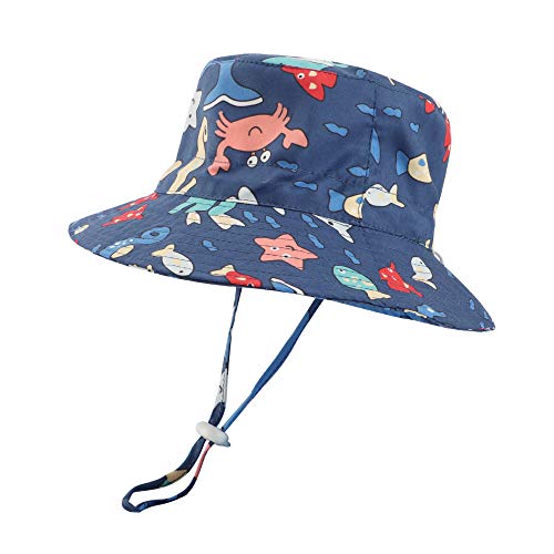 LACOFIA Sombrero de Sol bebé Gorro Verano para niños Sombrero Playa de ala Ancha UPF 50+ Proteccion solarpara niños con Correa Ajustable para la Barbilla Azul Marino 4-6 Anni