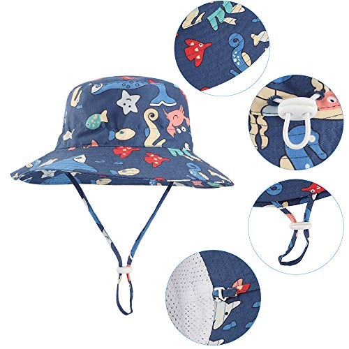 LACOFIA Sombrero de Sol bebé Gorro Verano para niños Sombrero Playa de ala Ancha UPF 50+ Proteccion solarpara niños con Correa Ajustable para la Barbilla Azul Marino 4-6 Anni