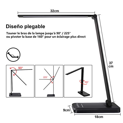 Lámpara Escritorio LED, Flexo de Escritorio, La luz natural protege los ojos, Lámpara de mesa regulable con puerto de carga USB, 5 Modos, 10 Niveles de Brillo,Temporizador de 30/60min, negro