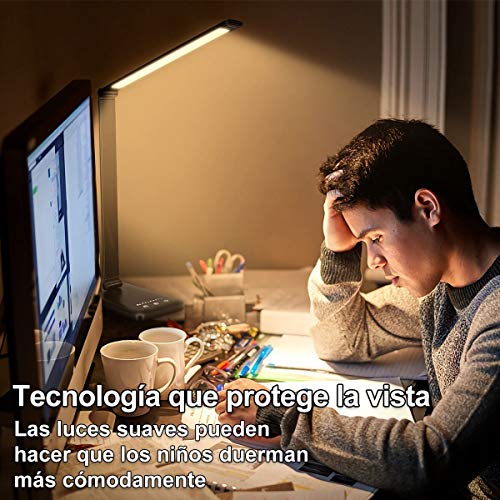 Lámpara Escritorio LED, Flexo de Escritorio, La luz natural protege los ojos, Lámpara de mesa regulable con puerto de carga USB, 5 Modos, 10 Niveles de Brillo,Temporizador de 30/60min, negro