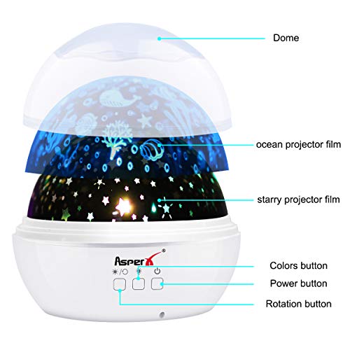 Lámpara Proyector, AsperX 2 en 1 Proyector Estrellas & Proyector de Luz Océano 360° Rotación Romántica Luz Estrellas y 8 Colores Regalo para Niños y Bebés Cumpleaños, Día de los Reyes, Navidad