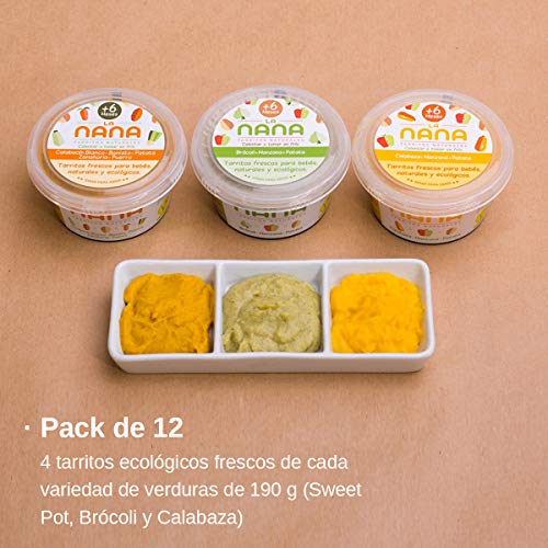 LANANA- Pack Verduras - 12 tarritos ecológicos frescos 4 de cada variedad de verduras de 190 g (Sweet Pot, Brócoli y Calabaza)