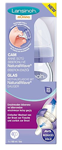 Lansinoh mOmma - Biberón de Cristal para Leche Materna con tetina simuladora del pezón de flujo lento, 160 ml / 1 ud