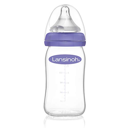 Lansinoh mOmma - Biberón de Cristal para Leche Materna con tetina simuladora del pezón de flujo lento, 160 ml / 1 ud