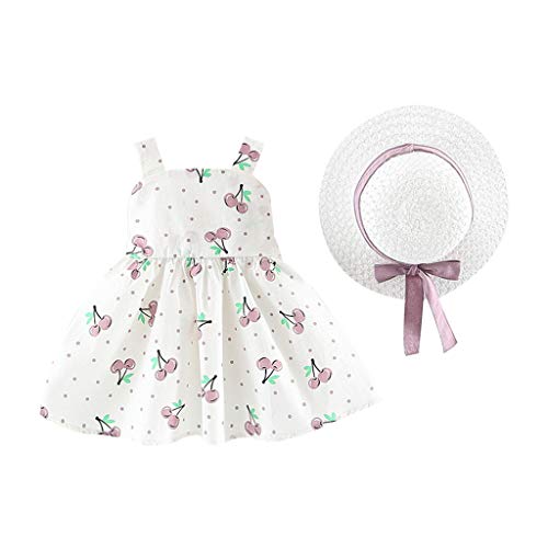 LANSKIRT Niñas Vestidos de Princesa Sin Mangas con Estampado De Cereza +Sombrero De Paja 0-2 años Falda Casual para Bebé recién Nacido Conjunto de Ropa Verano 2 Piezas