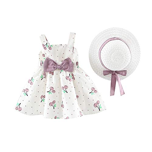 LANSKIRT Niñas Vestidos de Princesa Sin Mangas con Estampado De Cereza +Sombrero De Paja 0-2 años Falda Casual para Bebé recién Nacido Conjunto de Ropa Verano 2 Piezas