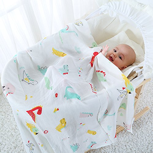 Lebze Bebé Muselina Swaddle Manta -"Diseño de Dinosaurio" Bambú Algodon Muselinas 120x120 cm Mantitas para Bebes