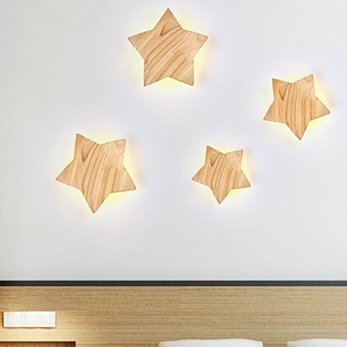 LED Madera Estrella Aplique de pared Moderno Dibujos animados Lámpara de pared Luces nocturnas Lámparas de cabecera para Niños Cuarto Sala Pasillo Loft lámpara de techo 3000K de luz cálida, D22CM