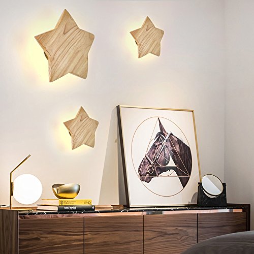 LED Madera Estrella Aplique de pared Moderno Dibujos animados Lámpara de pared Luces nocturnas Lámparas de cabecera para Niños Cuarto Sala Pasillo Loft lámpara de techo 3000K de luz cálida, D22CM