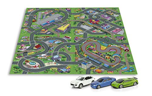 Leomark Alfombra Infantil 140 x 160 Diseño De Ciudad Casas Calles Dibujos De Pueblo Cubrepisos Para Salas Bebés Para Juegos Suave Fácil para Limpiar Multicolor Verde Lamborghini Porsche Bmw