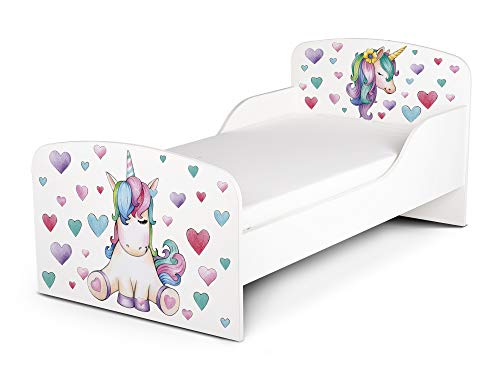 Leomark Cama Infantil de Madera 140/70 Cama para Niños Marco de Cama Colchón Cómodo Alta Validad Vuarto de Niños Muebles para Niños Dormitorio Corazón Unicornio Caballo Corazones Coloreados