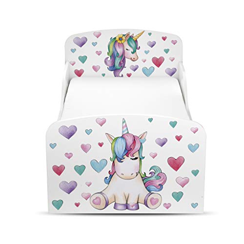 Leomark Cama Infantil de Madera 140/70 Cama para Niños Marco de Cama Colchón Cómodo Alta Validad Vuarto de Niños Muebles para Niños Dormitorio Corazón Unicornio Caballo Corazones Coloreados