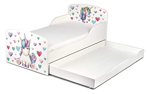 Leomark Cama Infantil de Madera 140/70 Cama para Niños Marco de Cama Colchón y Cajón Cómodo Alta Validad Vuarto de Niños Muebles para Niños Dormitorio Blanco Unicornio