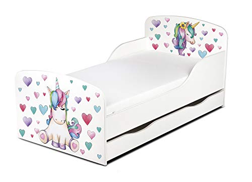 Leomark Cama Infantil de Madera 140/70 Cama para Niños Marco de Cama Colchón y Cajón Cómodo Alta Validad Vuarto de Niños Muebles para Niños Dormitorio Blanco Unicornio