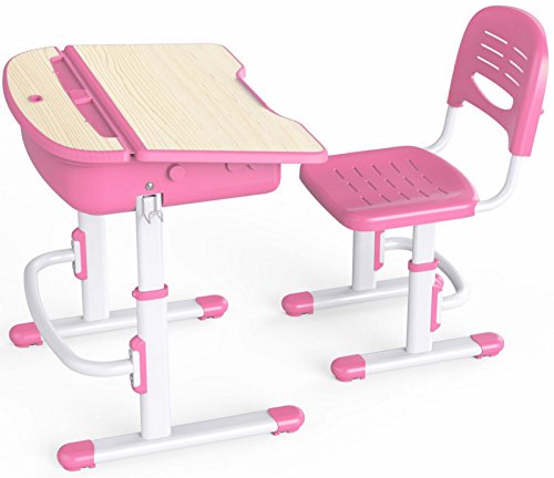 Leomark Smart Escritorio Para Niños Escritorio Silla Regulable Escritorio Cajón Para Dibujar Hacer Geberes y Manualidades  Altura Regulable Lámpara Led Mesa Inclinable Muebles Para Niños Rosa