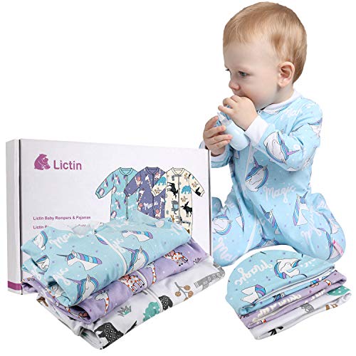 Lictin 6 Piezas Pijama para Bebé- Mameluco de Algodón con Cremallera con Puntos de Pegamento Antideslizantes para Pies, Pintura de Animal para Bebes de 0-3 Meses,3-6 Meses,6-10 Meses (L(6-10 Meses))