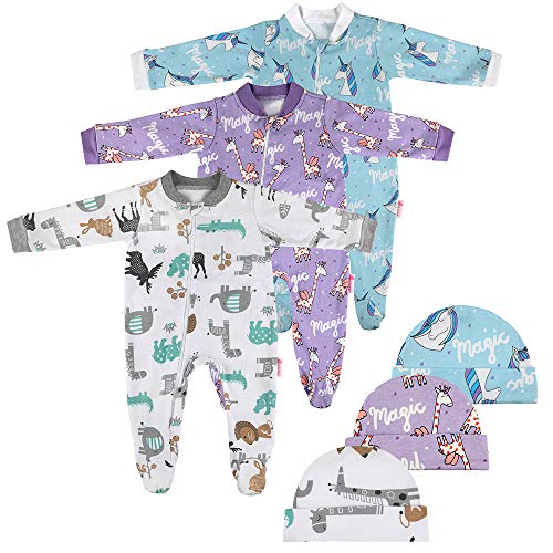 Lictin 6 Piezas Pijama para Bebé- Mameluco de Algodón con Cremallera con Puntos de Pegamento Antideslizantes para Pies, Pintura de Animal para Bebes de 0-3 Meses,3-6 Meses,6-10 Meses (L(6-10 Meses))