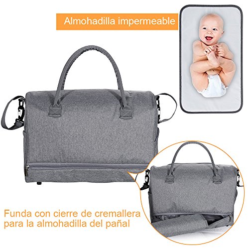 Lictin Bolso de cambiador bebé pañales Impermeable Bolsas de pañales bebés con una almohadilla para el pañal y bolsillos de aislamiento con 2 ganchos de carrito (Gris)