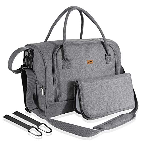 Lictin Bolso de cambiador bebé pañales Impermeable Bolsas de pañales bebés con una almohadilla para el pañal y bolsillos de aislamiento con 2 ganchos de carrito (Gris)