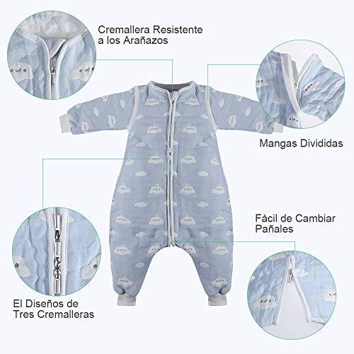 Lictin Saco de Dormir para Bebés- 2.0Tog Saco de Dormir con Mangas Extraíbles para Niños de 0-1,5 Años de 65 a 85 cm, de 100% Algodón Orgánico, de Motivo de Cielo Azul y Nubes Blancas (S(65-85cm))