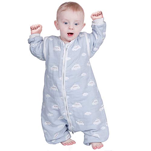 Lictin Saco de Dormir para Bebés- 2.0Tog Saco de Dormir con Mangas Extraíbles para Niños de 0-1,5 Años de 65 a 85 cm, de 100% Algodón Orgánico, de Motivo de Cielo Azul y Nubes Blancas (S(65-85cm))