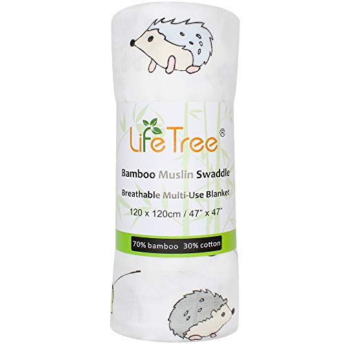 LifeTree Bebé Muselina Swaddle Manta,"Diseño de Erizo" Bambú Algodon Muselinas 120x120 cm Mantitas para Bebes, Envoltura de Muselina