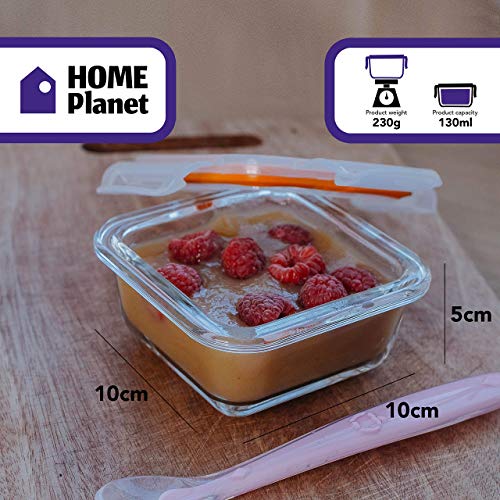 Little Home Planet® Set de 6 Contenedores de Alimentos para Bebe en Cristal | 2 Cucharas y Funda de Silicona | Cubiertos con Sello a presion | 97% embalaje de plástico eliminado | Libre de BPA Tapa