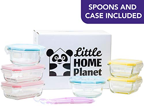 Little Home Planet® Set de 6 Contenedores de Alimentos para Bebe en Cristal | 2 Cucharas y Funda de Silicona | Cubiertos con Sello a presion | 97% embalaje de plástico eliminado | Libre de BPA Tapa