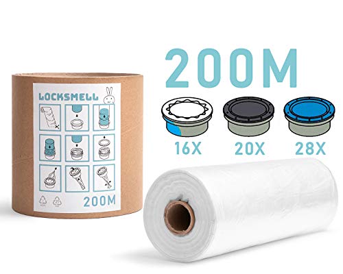 LOCKSMELL Nappy Bin Liner 200m Compatible con los cartuchos Tommee Tippee Sangenic Angelcare & Litter Locker II | Equivalente a 28 Angelcare 20 Litter Locker II 16 Recargas Sangenic + TUBO DE RECAMBIO