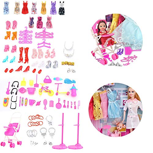 LUCYPAPASHOW Vestidos Barbie, 106 Piezas Accesorios Barbie Ropa De Muñecas De Barbie, Mini Vestidos De Moda, Zapatos, Perchas Y Accesorios De Cocina para Muñecas Barbie Cumpleaños Soporte para Niñas