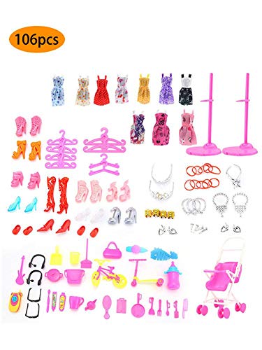 LUCYPAPASHOW Vestidos Barbie, 106 Piezas Accesorios Barbie Ropa De Muñecas De Barbie, Mini Vestidos De Moda, Zapatos, Perchas Y Accesorios De Cocina para Muñecas Barbie Cumpleaños Soporte para Niñas