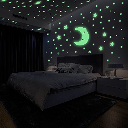 Luminoso Pegatinas de Pared Yosemy Luna y Estrellas, Fluorescente Decoración de Pared para Dormitorio de Niños, DIY Decoración de la Habitación Para Chico Niña Bebé, Casa Interior Mural, 200 Pzas