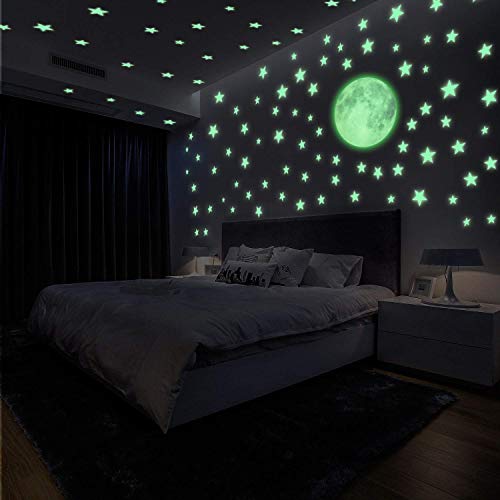 Luminoso Pegatinas de Pared Yosemy Luna y Estrellas, Fluorescente Decoración de Pared para Dormitorio de Niños, DIY Decoración de la Habitación Para Chico Niña Bebé, Casa Interior Mural, 222 Pzas