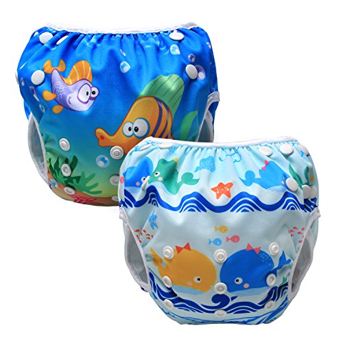 Luxja Pañal de Natación para bebes Bañador Reutilizable de Nadar de Bebé Pañal lavable para Bebé (0-3 años), Ballenas + Peces